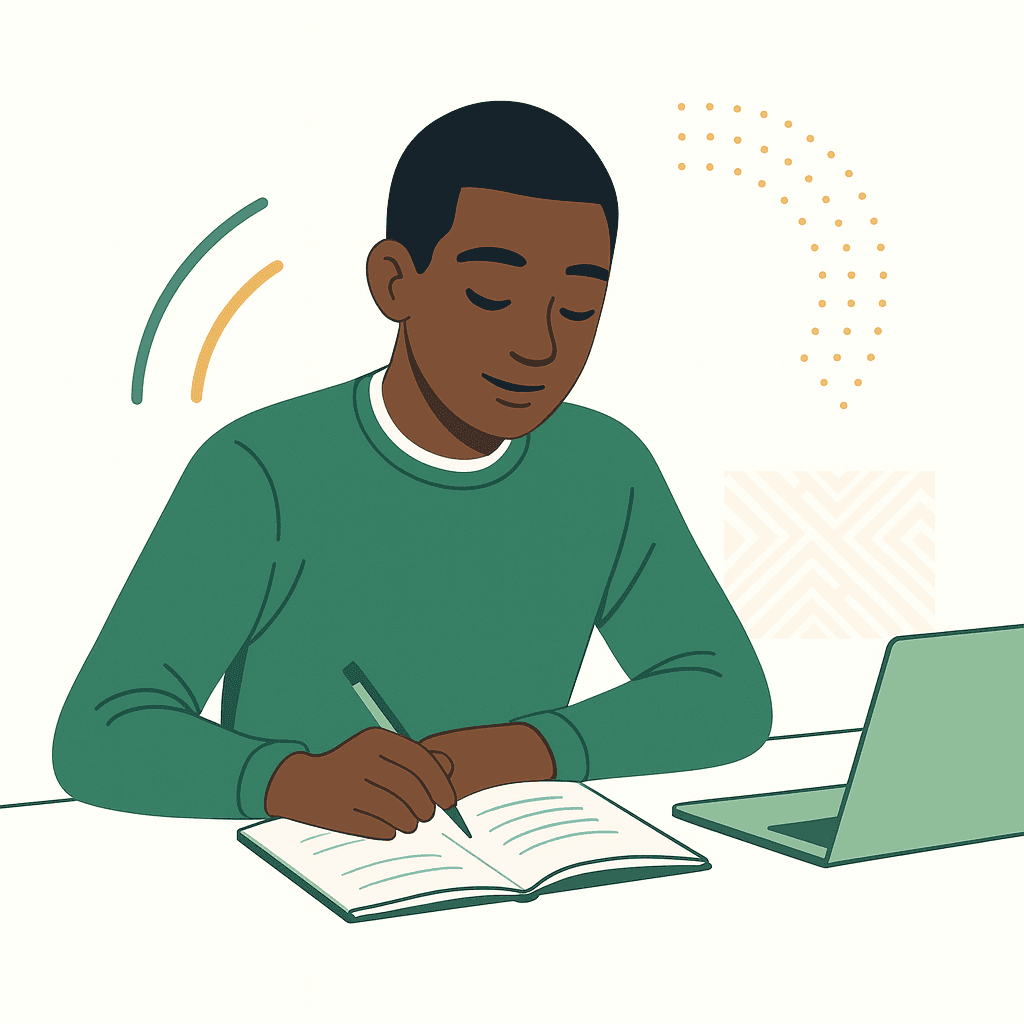 Un professeur africain souriant aidant une élève dans une salle de classe lumineuse et moderne.